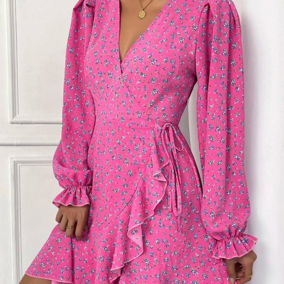 Ditsy mini Floral Flounce Long Sleeve Knot Sided Mini Dress Pink - Picture 4 of 8